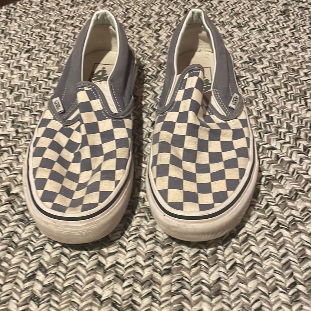 Grayish-blue checkerboard vans